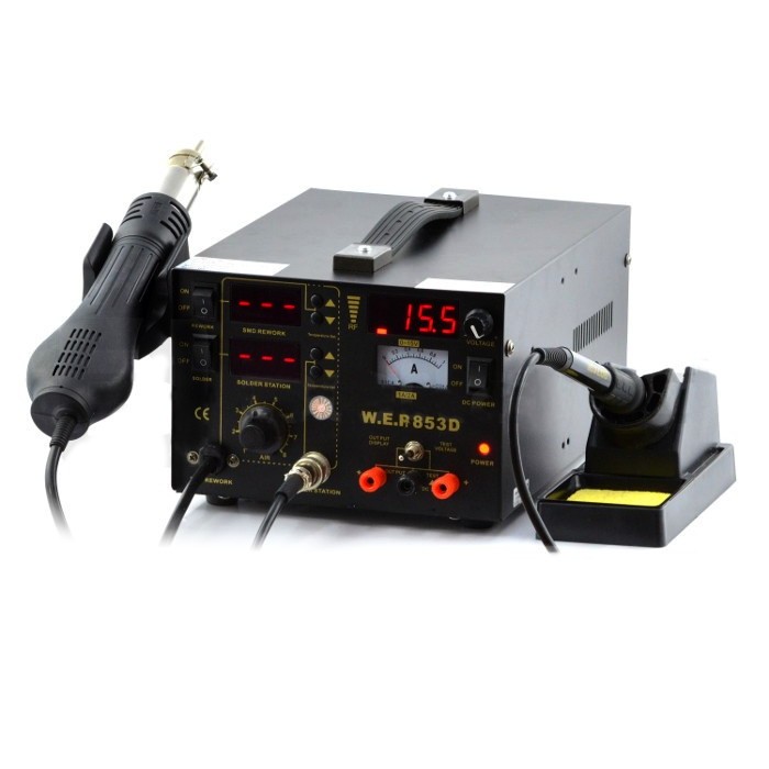 Stacja lutownicza 5w1  hotair, grotowa + zasilacz 15V/1A WEP 853D z wentylatorem w kolbie